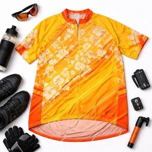 Voler Cycling Jersey 3XL Orange Yellow Floral Hawaiian Quarter Zip 3 Pocket Road